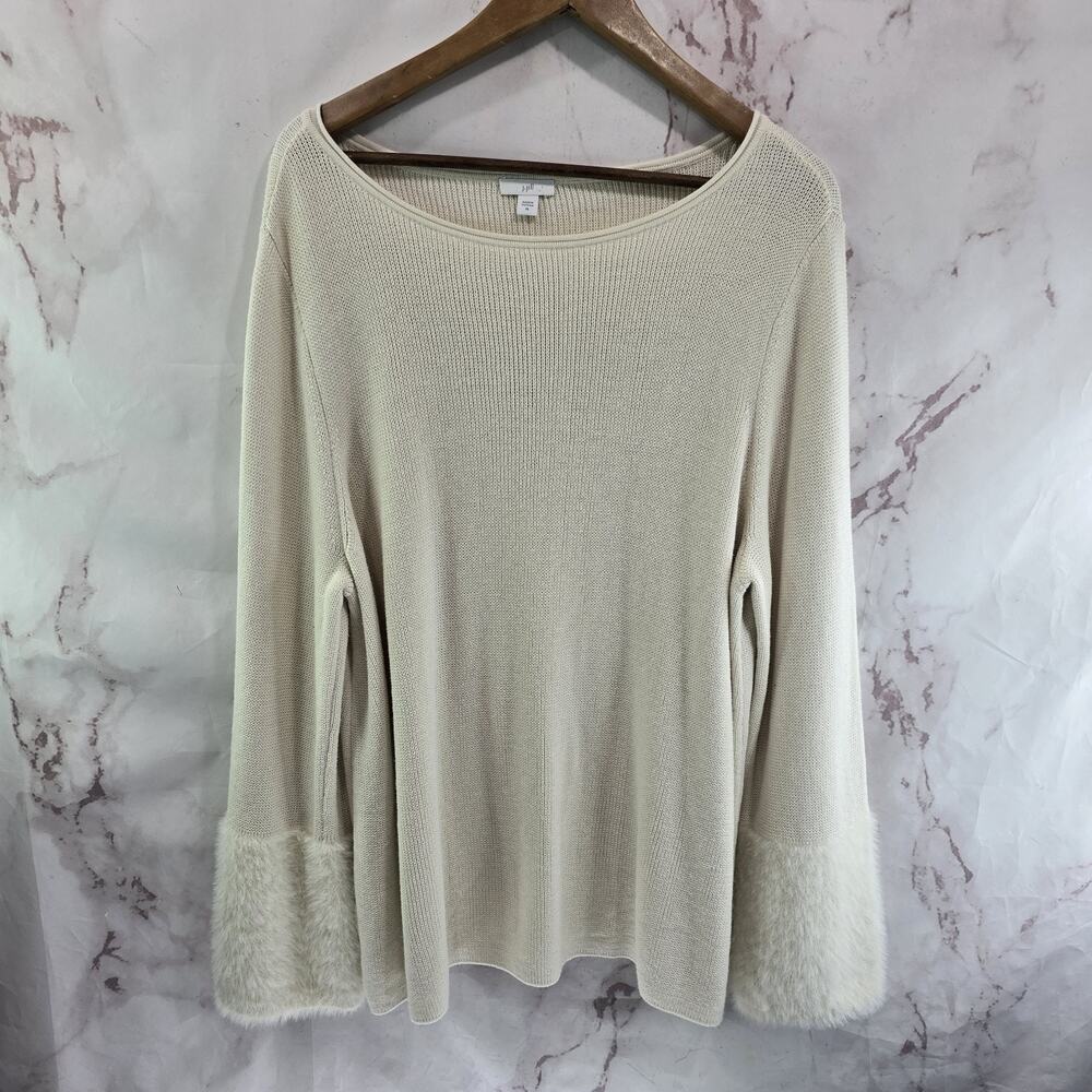 J Jill Sweater Women XL Cream White Faux Fur Sleeves Mixed Media Round Neck